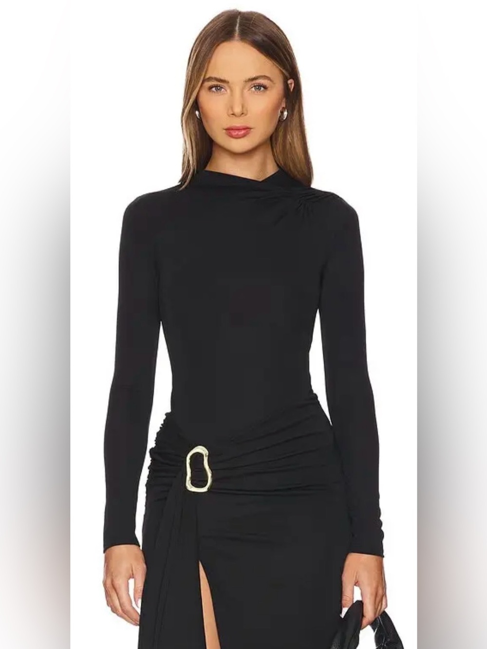 New Camila Coelho Nia Black Draped Mock Neck Long Sleeve Bodysuit Size Small